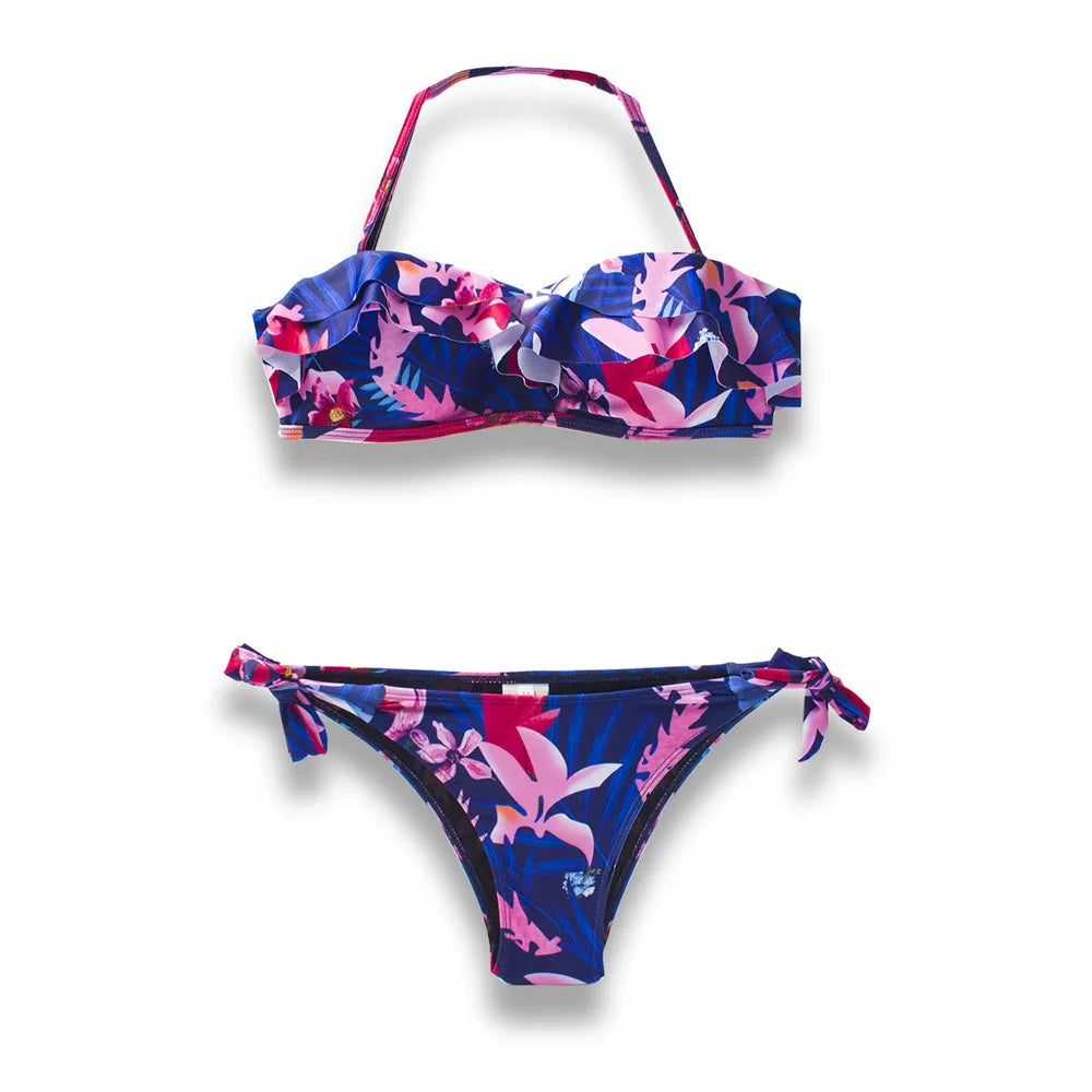 Falbala Brazilian Push Up Bikinis Women Floral Halter Print Swimsuit For Girls Lady Thong Bikini Set Bandage Biquinis Swimwear