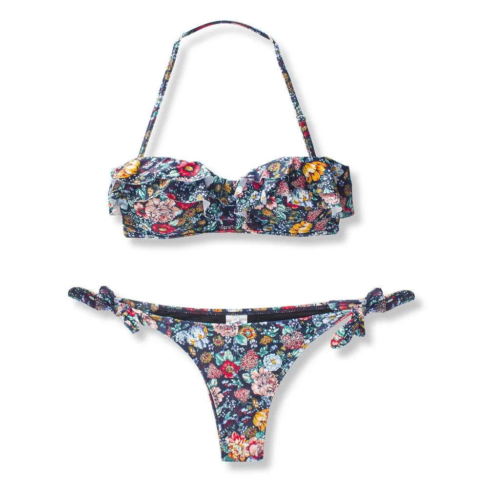 Falbala Brazilian Push Up Bikinis Women Floral Halter Print Swimsuit For Girls Lady Thong Bikini Set Bandage Biquinis Swimwear