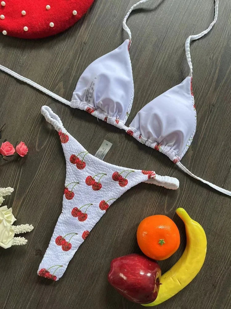 2026 brazilian bikini women suit, beach fashion, sexy thong swimsuit, cute cherry print