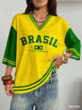 Summer for Women Brazil Letter Aesthetic V-neck Casual Short Sleeve Tee Kpop Streetwear Vintage Y2k Retro Baseball Chic Clothes