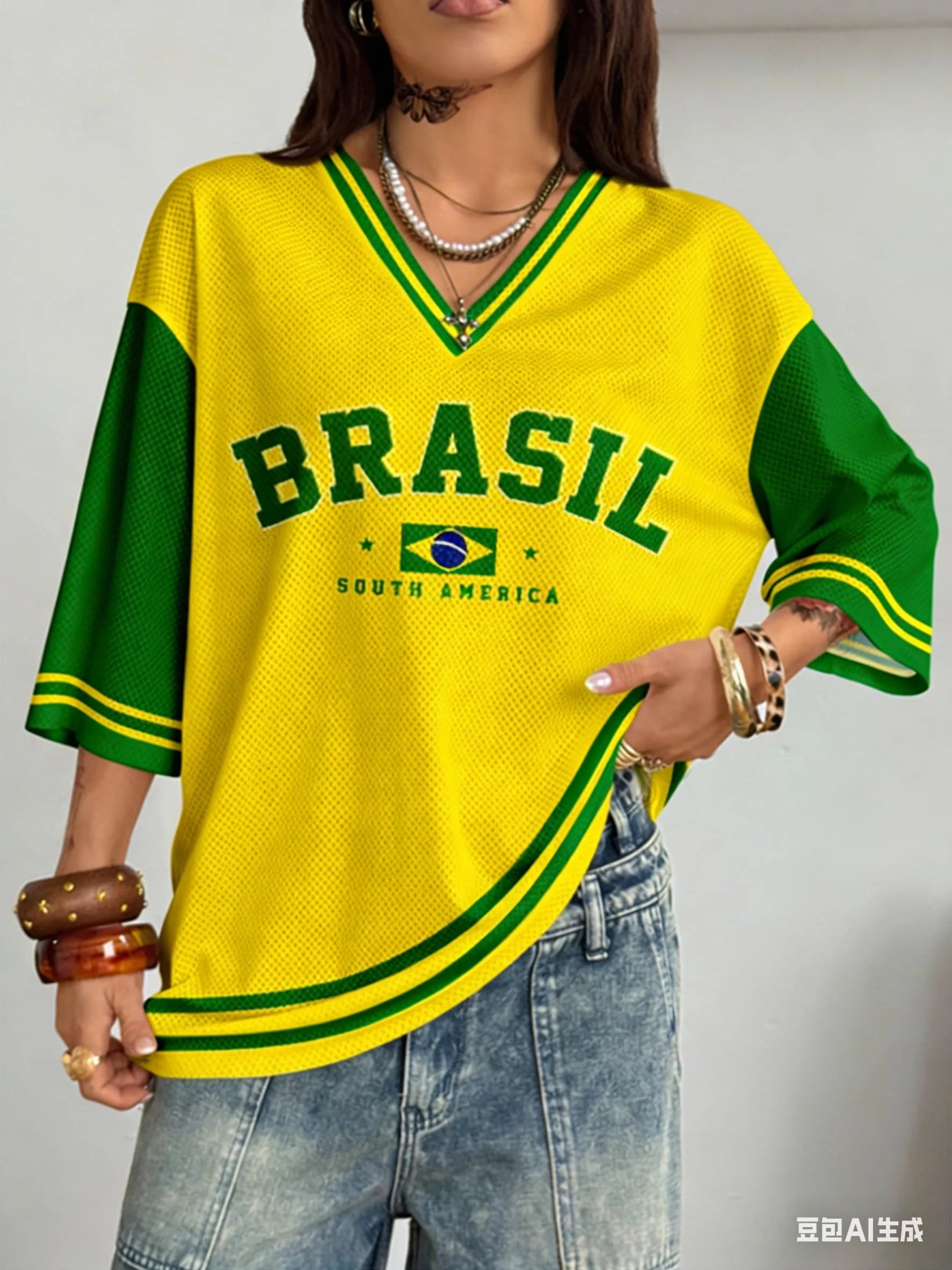 Summer for Women Brazil Letter Aesthetic V-neck Casual Short Sleeve Tee Kpop Streetwear Vintage Y2k Retro Baseball Chic Clothes