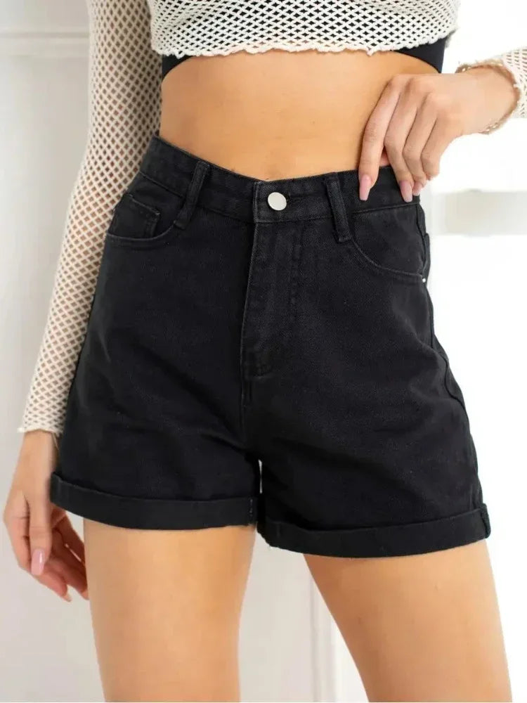 Wide-Leg Denim Shorts for Women Summer Solid Black Blue Jean Shorts Button Pocket High-Waisted Fashion Women's Short Jeans