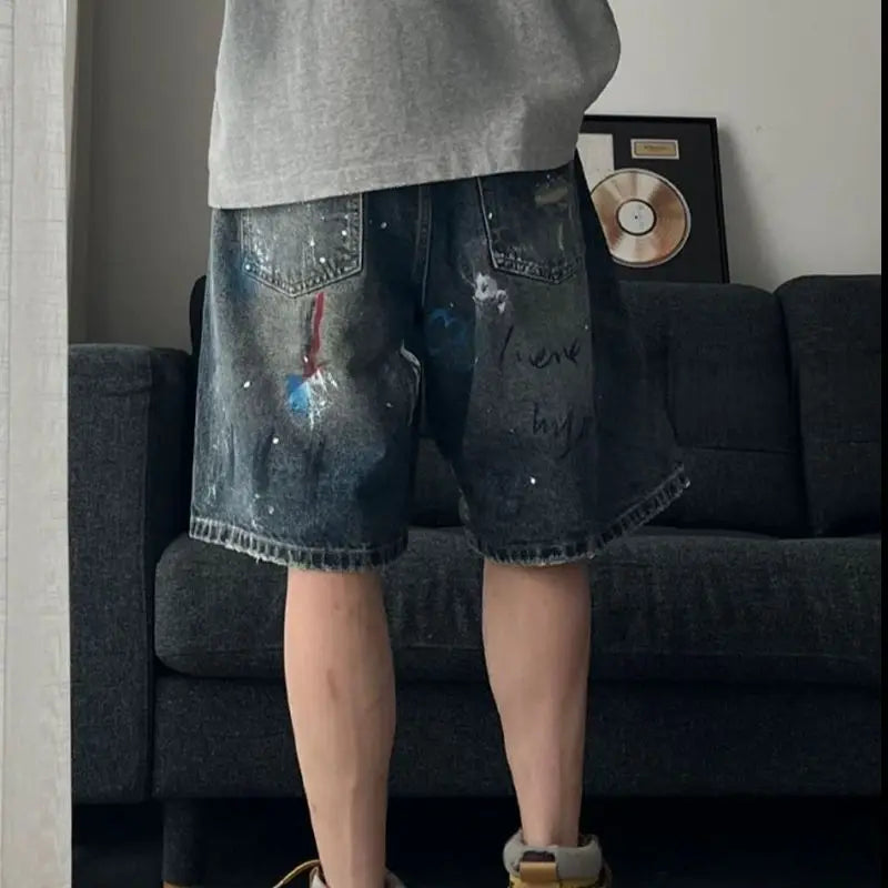 Men's Short Jeans Hip Hop Ripped Multi Color Male Denim Shorts Graphic Harajuku Vintage Knee Length Shorts Korean Fashion