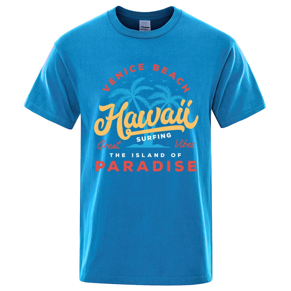 Hawaii Surfing Venice Beach The Island Of Paradise Print Men T-Shirt Fashion Clothes Cotton Summer Tops Mens Oversize Tee Shirts