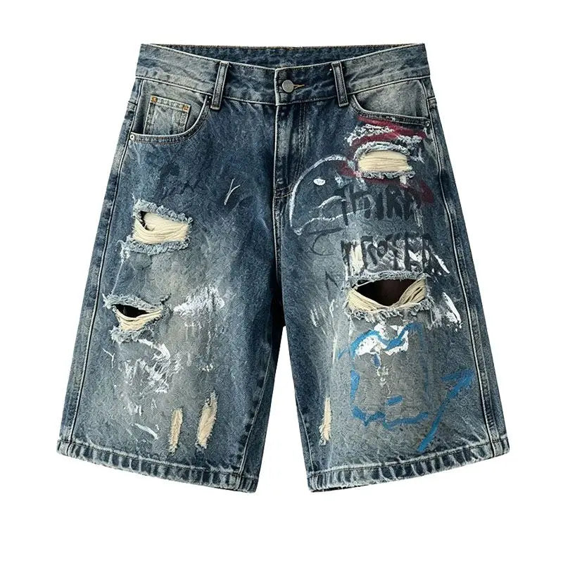 Men's Short Jeans Hip Hop Ripped Multi Color Male Denim Shorts Graphic Harajuku Vintage Knee Length Shorts Korean Fashion