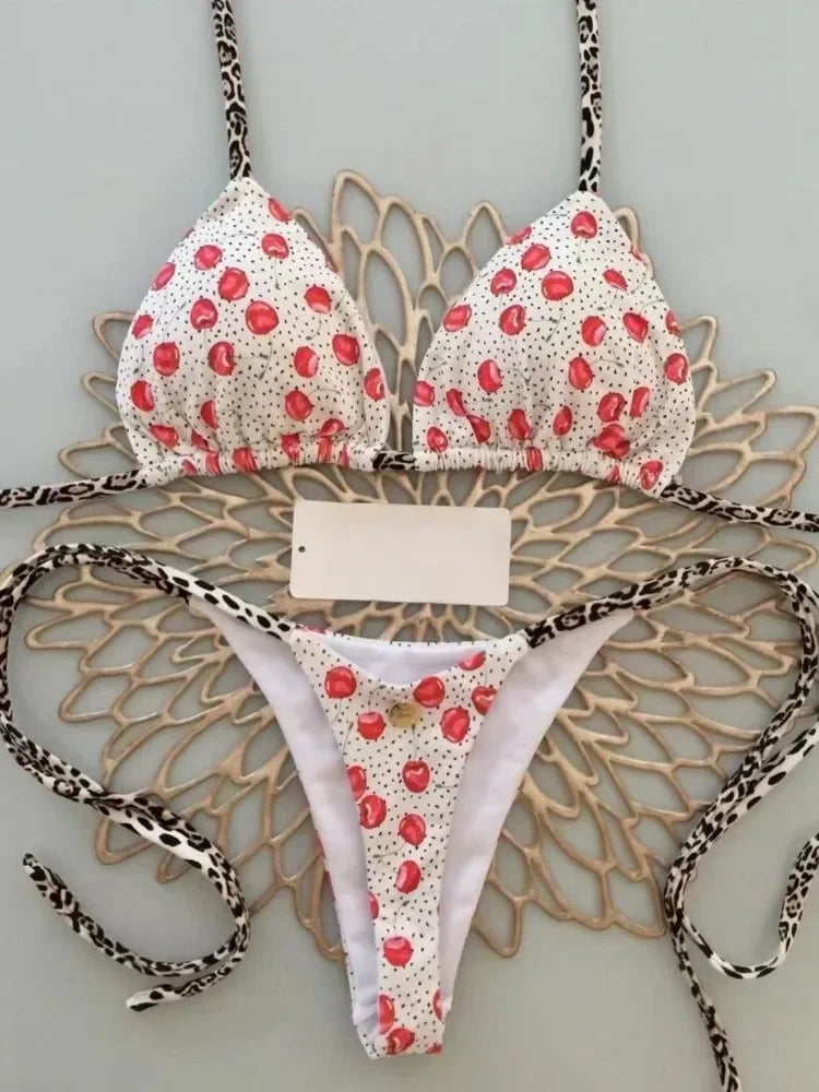 2026 brazilian bikini women suit, beach fashion, sexy thong swimsuit, cute cherry print
