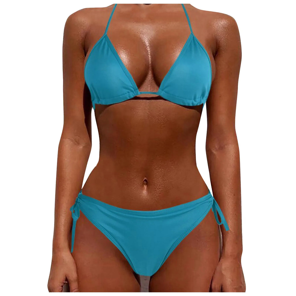 Sexy Women Bikini Brazilian Swimsuit Push-Up Bra Bikini Set Two Piece Swimwear Solid Color Lace Up Bathing Suit (No Padding)