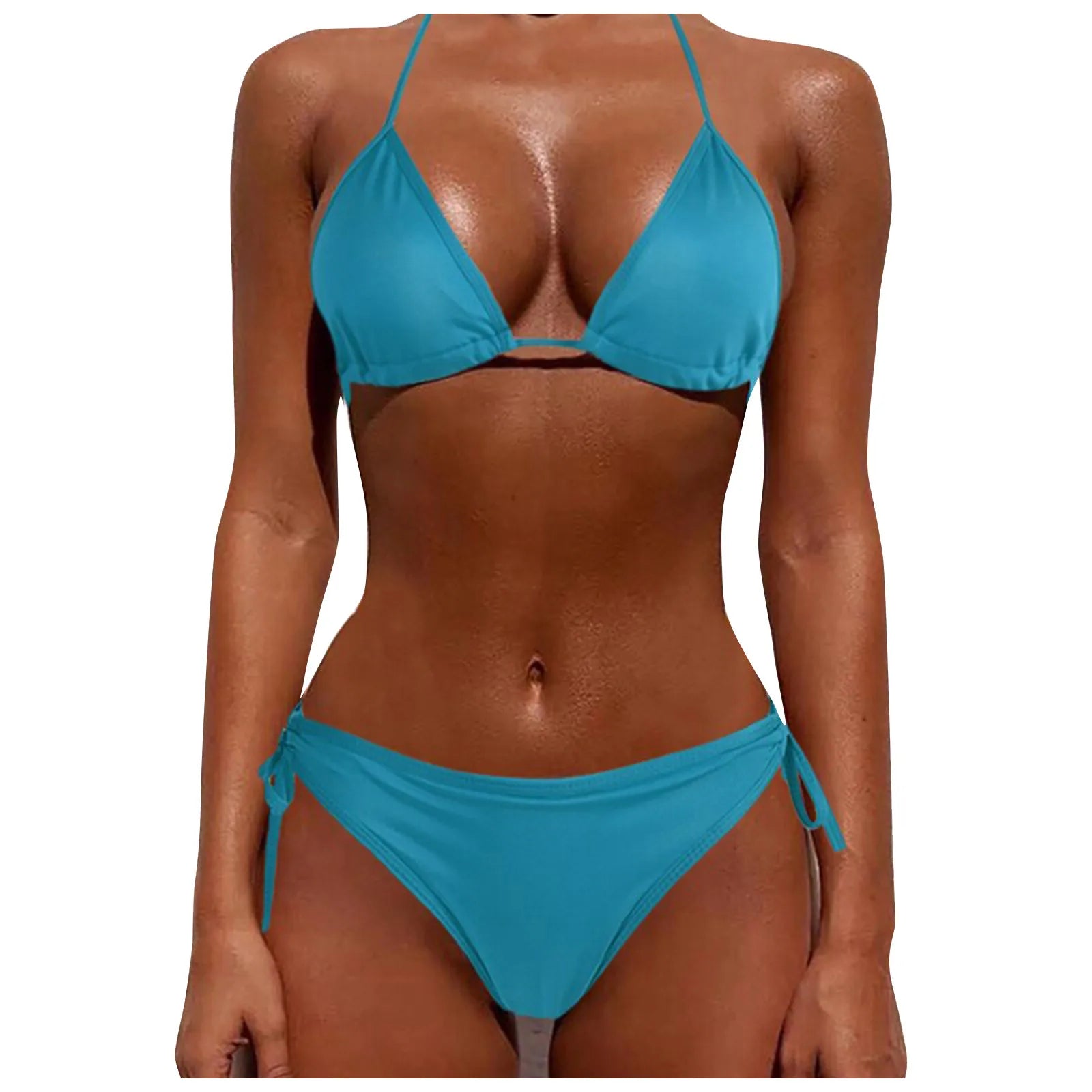 Sexy Women Bikini Brazilian Swimsuit Push-Up Bra Bikini Set Two Piece Swimwear Solid Color Lace Up Bathing Suit (No Padding)