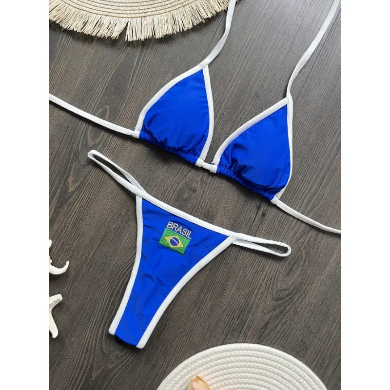 Sexy Embroidery Brasil Flag Contrast Split Bikinis Set Women Swimwear Patchwork Swimsuit Femenina Hottie Outfit Summer Beachwear