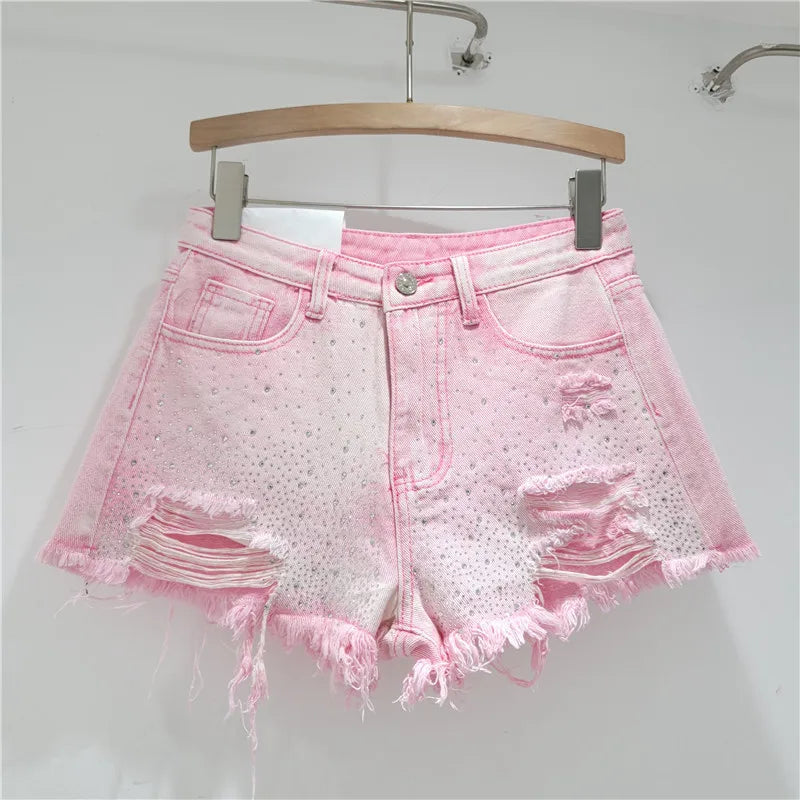 Shorts Denim Pant Women Jeans Short Pants Hot Drilling High Waist Straight Trousers Y2k Streetwear Splice Slim Fit Summer Party