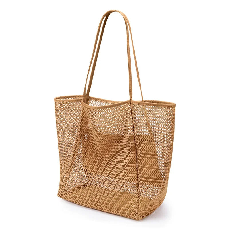 new model Women's Large Capacity Beach Tote Bag - Durable Polyester Woven Shoulder Bag with Open Top for Travel, Shopping