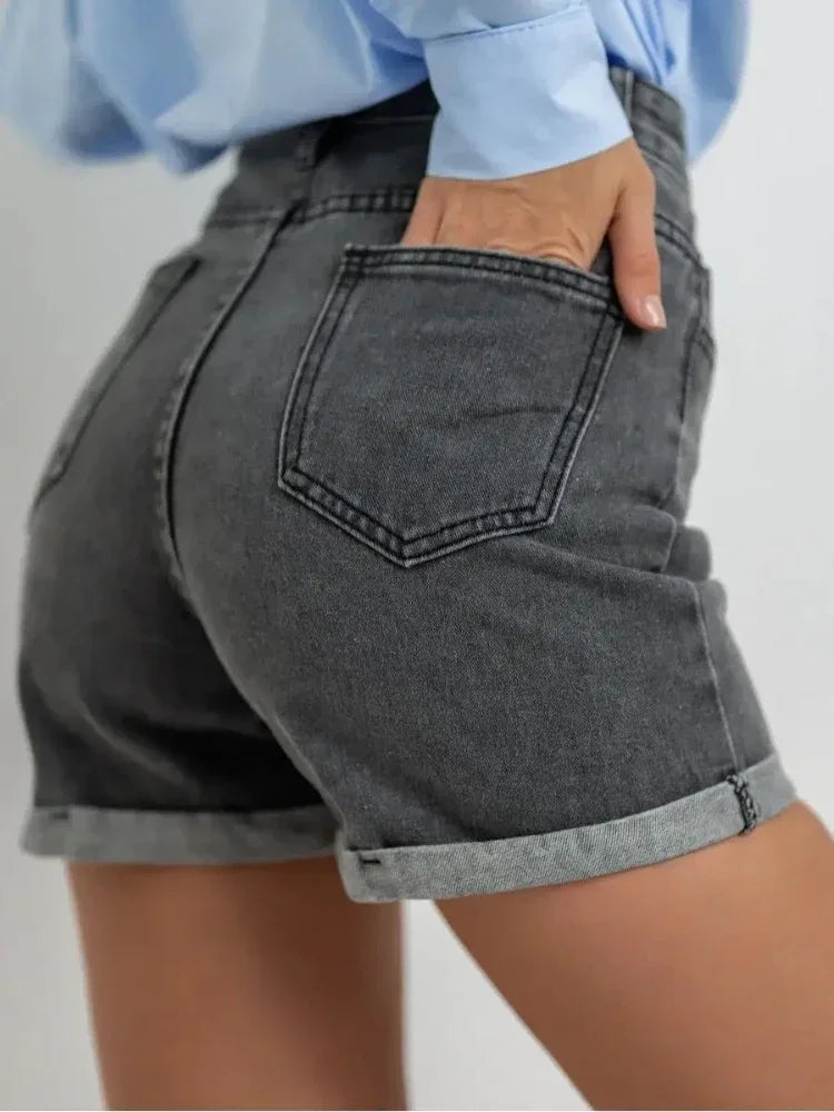 Wide-Leg Denim Shorts for Women Summer Solid Black Blue Jean Shorts Button Pocket High-Waisted Fashion Women's Short Jeans