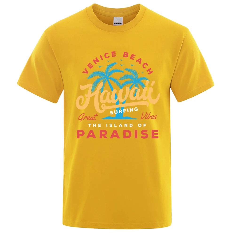 Hawaii Surfing Venice Beach The Island Of Paradise Print Men T-Shirt Fashion Clothes Cotton Summer Tops Mens Oversize Tee Shirts