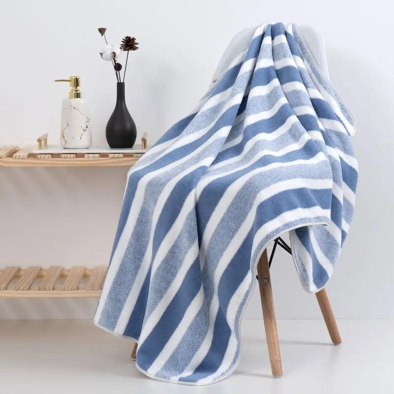 Extra Large Blue White Striped Beach Towel, Soft Absorbent Quick Dry, Summer Seaside Vacation Travel Home Essential