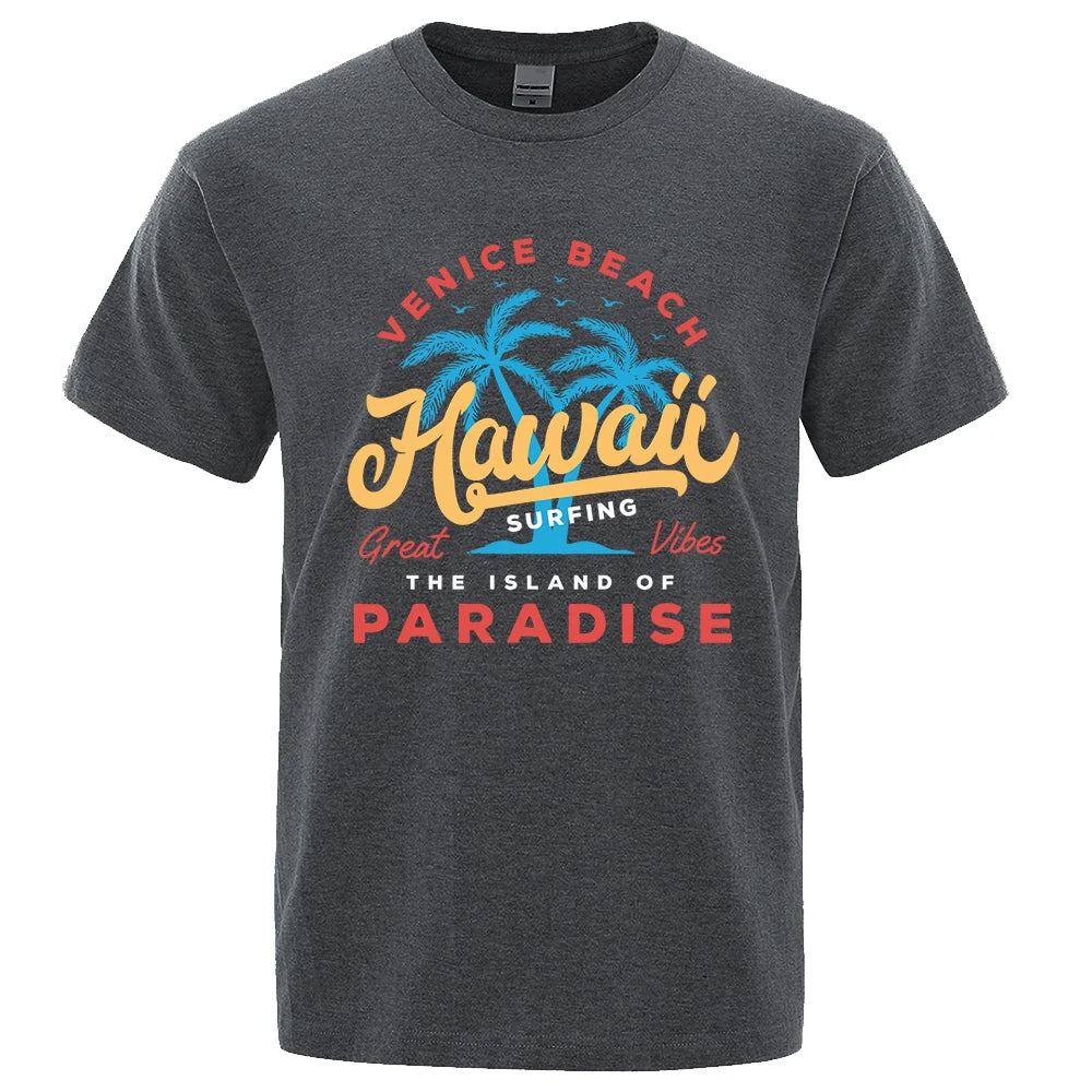 Hawaii Surfing Venice Beach The Island Of Paradise Print Men T-Shirt Fashion Clothes Cotton Summer Tops Mens Oversize Tee Shirts