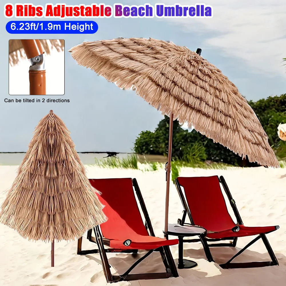8-Rib Beach Umbrella 6.23ft/1.9m Height Adjustable Folding Patio Umbrellas Large Outdoor Thatched Tiki Umbrella For Garden Patio