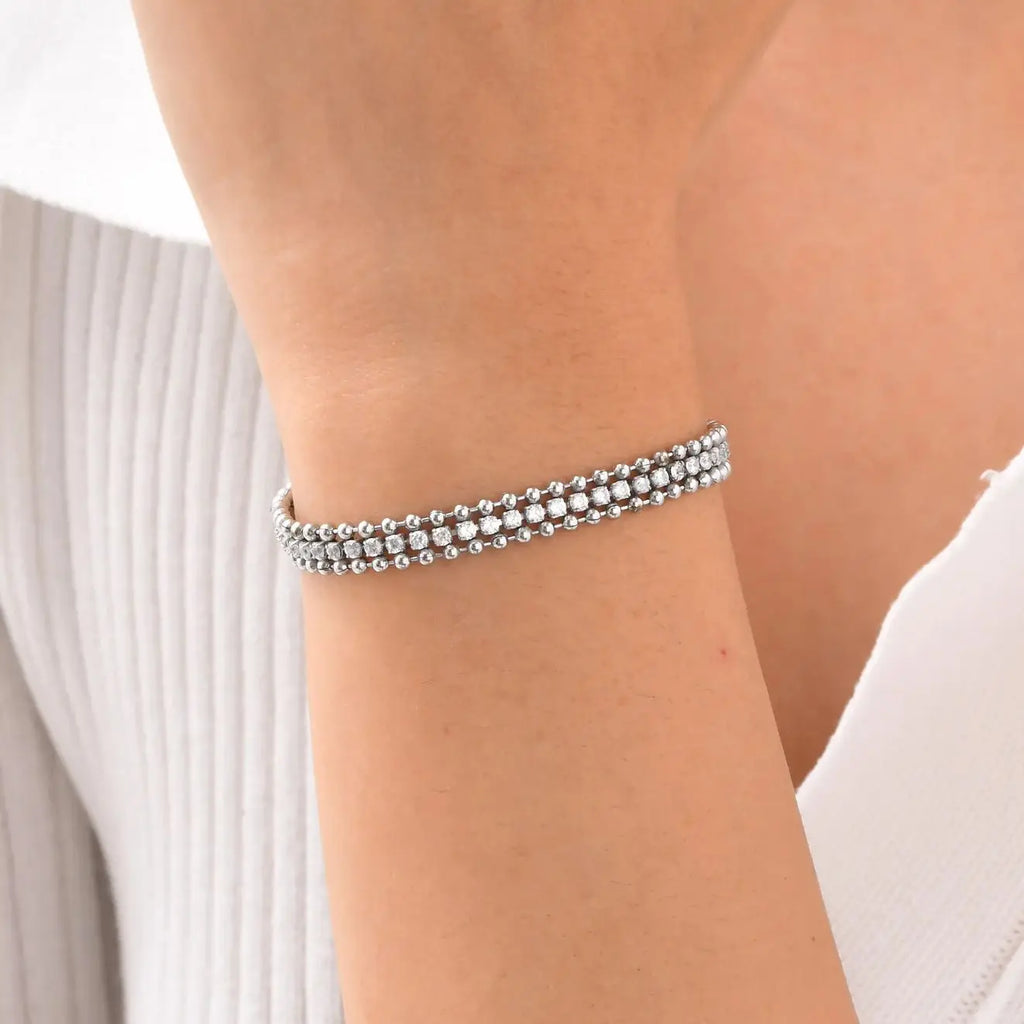 Tennis Bracelet for Women, Cubic Zirconia Chain Bracelet Adjustable,Stainless Steel Wave Bead Chain Three-layer Bracelet Jewelry