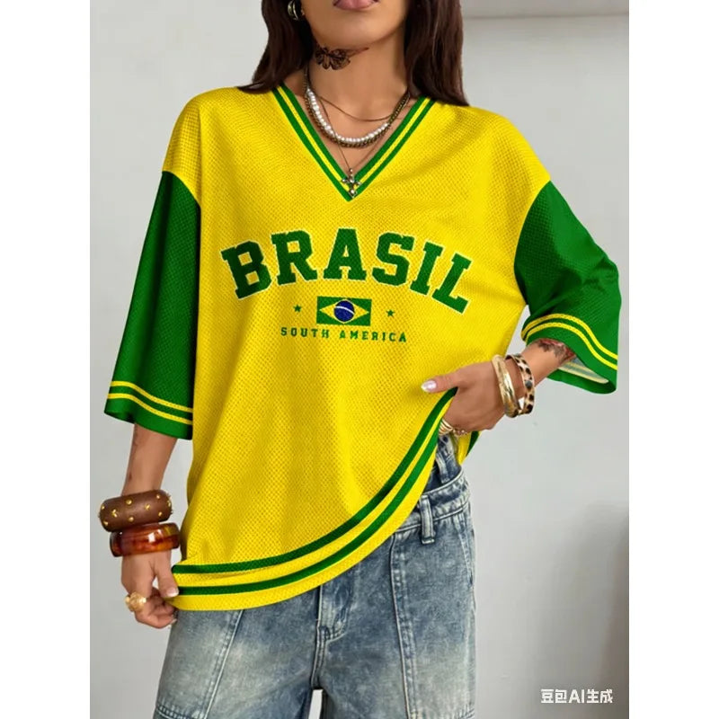 Summer for Women Brazil Letter Aesthetic V-neck Casual Short Sleeve Tee Kpop Streetwear Vintage Y2k Retro Baseball Chic Clothes
