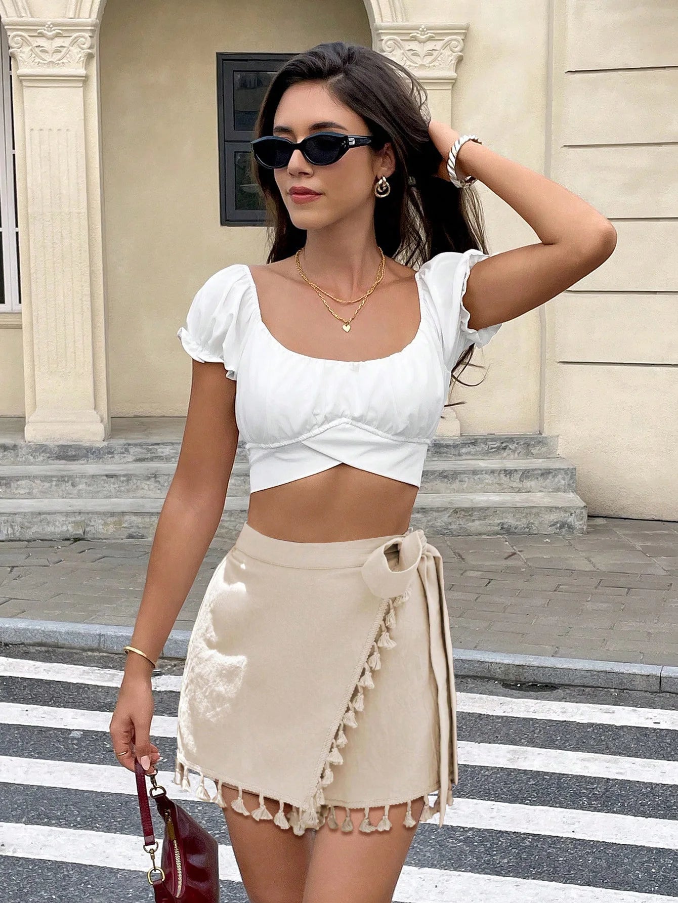 Beige Shorts with Knot and Tassel Women's Summer Staple Suitable for Beach Parties Weekend Gatherings Stylish Wear