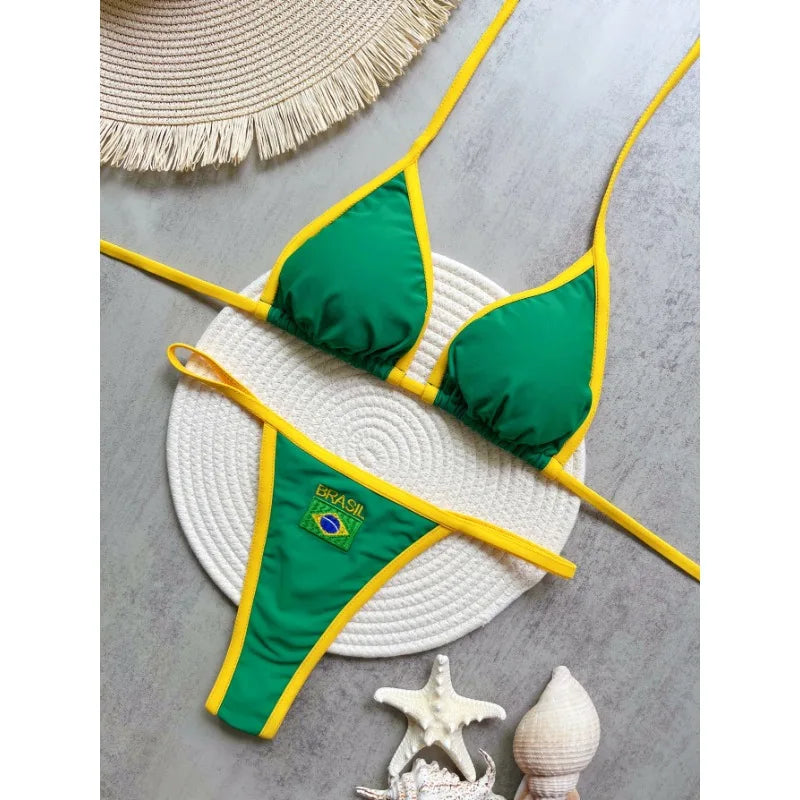 Sexy Embroidery Brasil Flag Contrast Split Bikinis Set Women Swimwear Patchwork Swimsuit Femenina Hottie Outfit Summer Beachwear