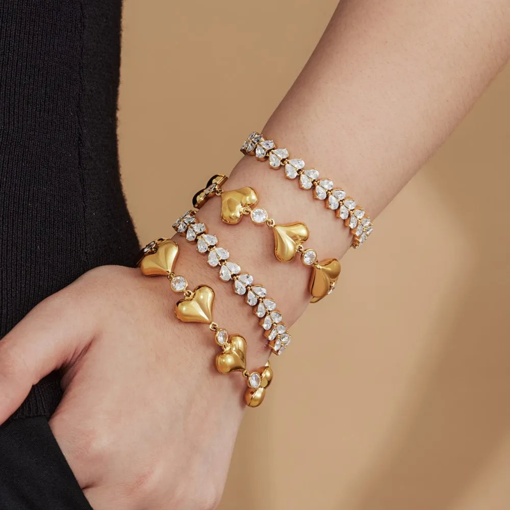 Tennis Bracelet For Women Stainless Steel Chain Bracelets 18k Gold Plated Romantic Heart Cubic Zirconia Zircon Gemstone Bracelet