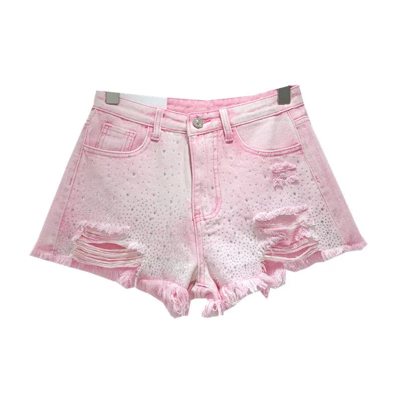 Shorts Denim Pant Women Jeans Short Pants Hot Drilling High Waist Straight Trousers Y2k Streetwear Splice Slim Fit Summer Party