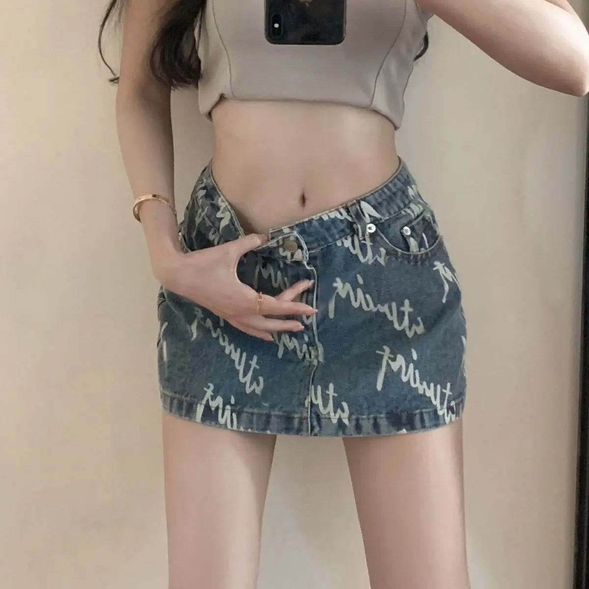 Jeans Skirts For Women Letter Short Woman Denim Skirt Sexy Gyaru High Waist Korean Fashion Y2k Vintage Chic And Elegant Stylish