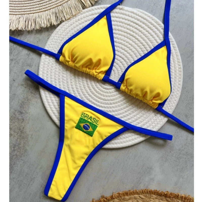 Sexy Embroidery Brasil Flag Contrast Split Bikinis Set Women Swimwear Patchwork Swimsuit Femenina Hottie Outfit Summer Beachwear