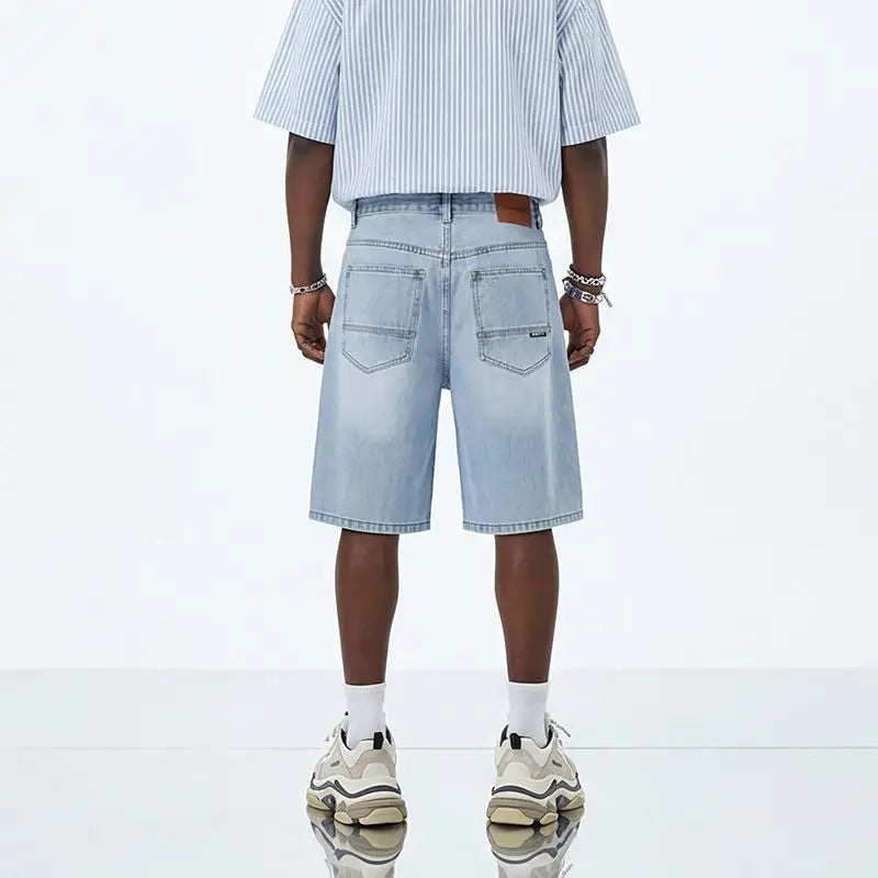 Men's and women's blue ripped jeans trendy American loose straight leg non stretch casual shorts suitable for summer street wear