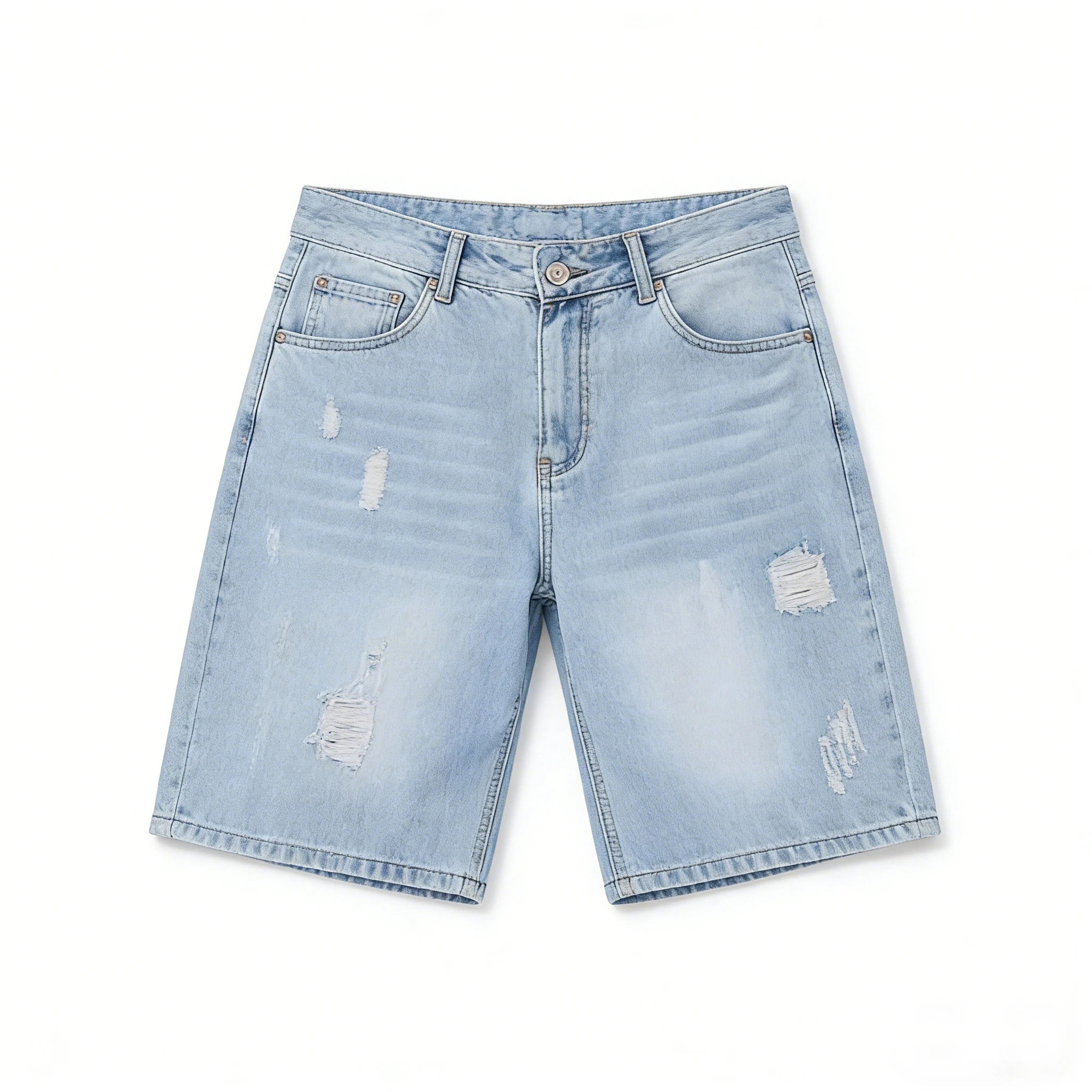 Men's and women's blue ripped jeans trendy American loose straight leg non stretch casual shorts suitable for summer street wear