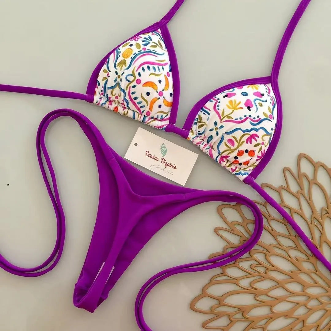 2026 New Sexy Lace-up Print Brazilian Bikini Women Swimsuit Micro Swimwear Backless Biquini Swimsuits Beachwear Thong Купальник