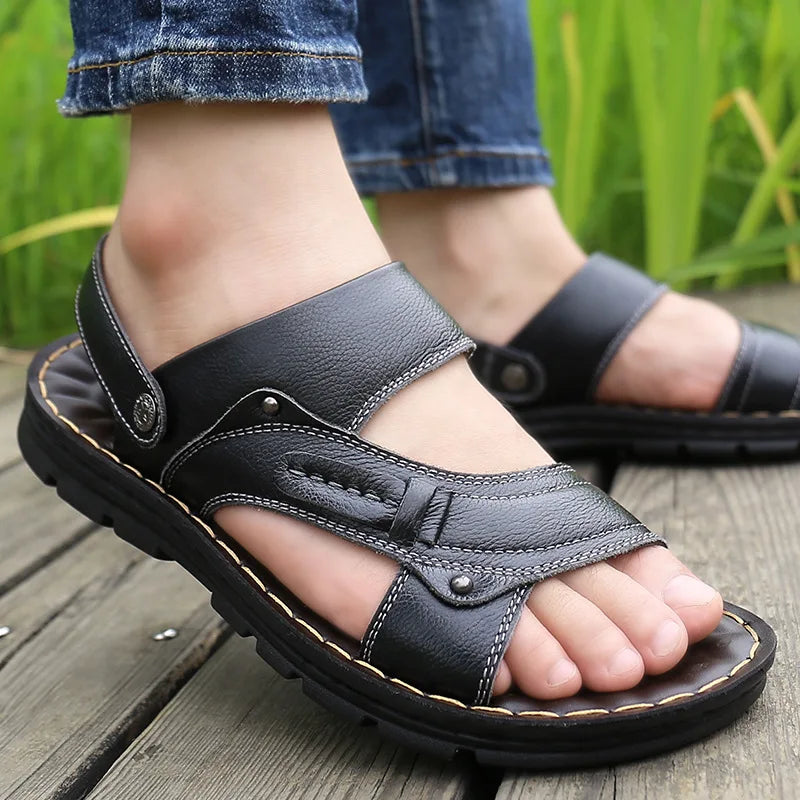 Summer Men's Beach Sandals Fashion Comfortabl Breathable Lightweight Sandals Outdoor Men Genuine Leather Wear-resistant Slippers