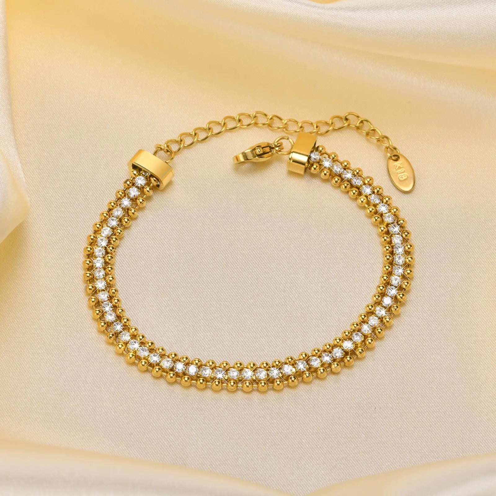 Tennis Bracelet for Women, Cubic Zirconia Chain Bracelet Adjustable,Stainless Steel Wave Bead Chain Three-layer Bracelet Jewelry