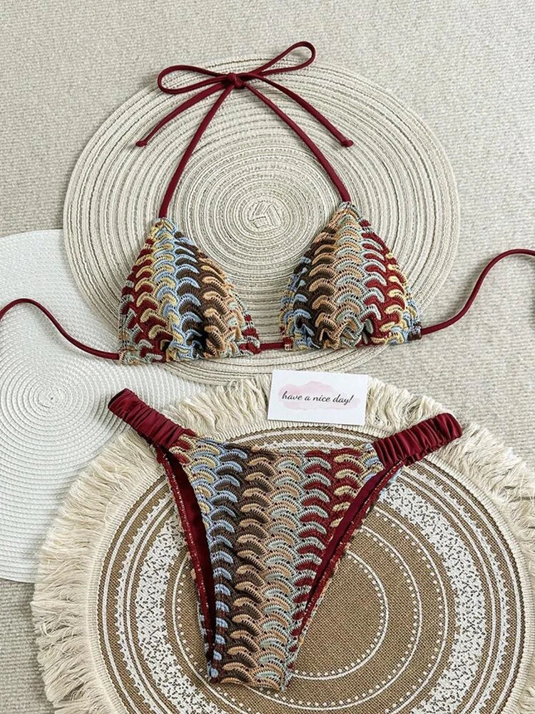 2026 Sexy Red Striped Halter Brazilian Bikini Women Swimwear Women Swimsuit Two-pieces Bikini Hollow Out Crop Top Thong Swimsuit