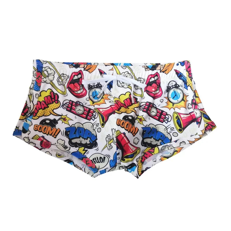 Swimwear Men Swimsuits Pop Swim Trunks Quick Dry Bathing Suit Beach Board Shorts Sexy Swimming Boxer Brief with Drawstring