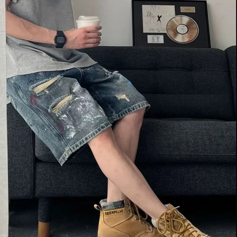 Men's Short Jeans Hip Hop Ripped Multi Color Male Denim Shorts Graphic Harajuku Vintage Knee Length Shorts Korean Fashion