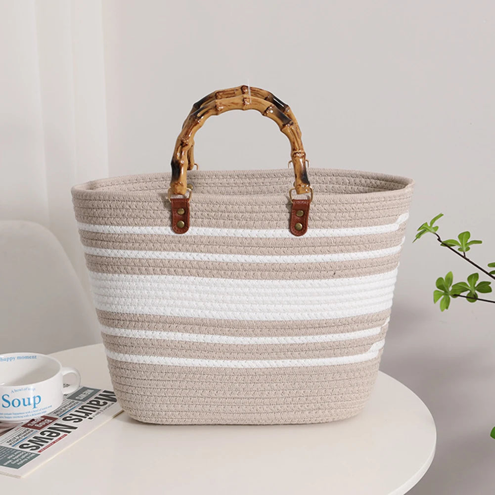 Beach Vacation Bags Bamboo Handle Women Weaving Bag Large Capacity Striped Portable Casual Fashion Exquisite for Seaside Party