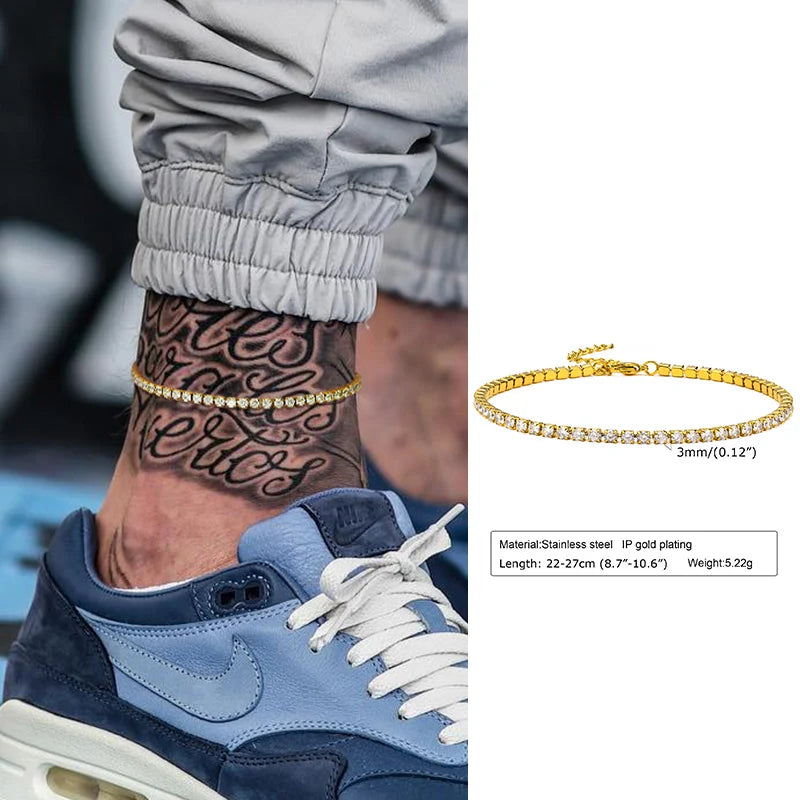 Tennis Bracelet Gold Plated, Stainless Steel 3mm CZ Stone Anklet Bracelet for Men Women Jewelry
