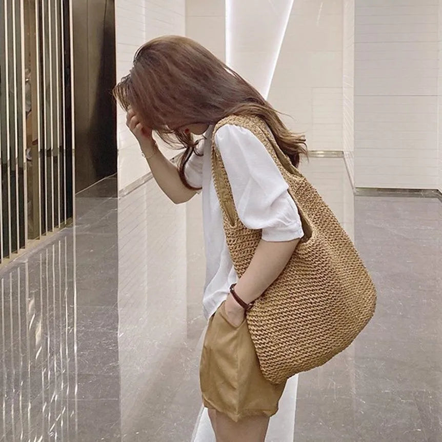Large Capacity Straw Bag Shoulder Crossbody Basket Weave Canvas Beach Bag for Women Summer Vacation Casual Style Handbag