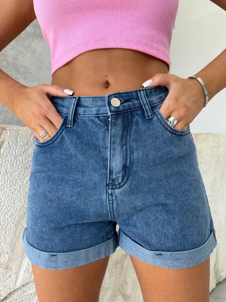 Wide-Leg Denim Shorts for Women Summer Solid Black Blue Jean Shorts Button Pocket High-Waisted Fashion Women's Short Jeans