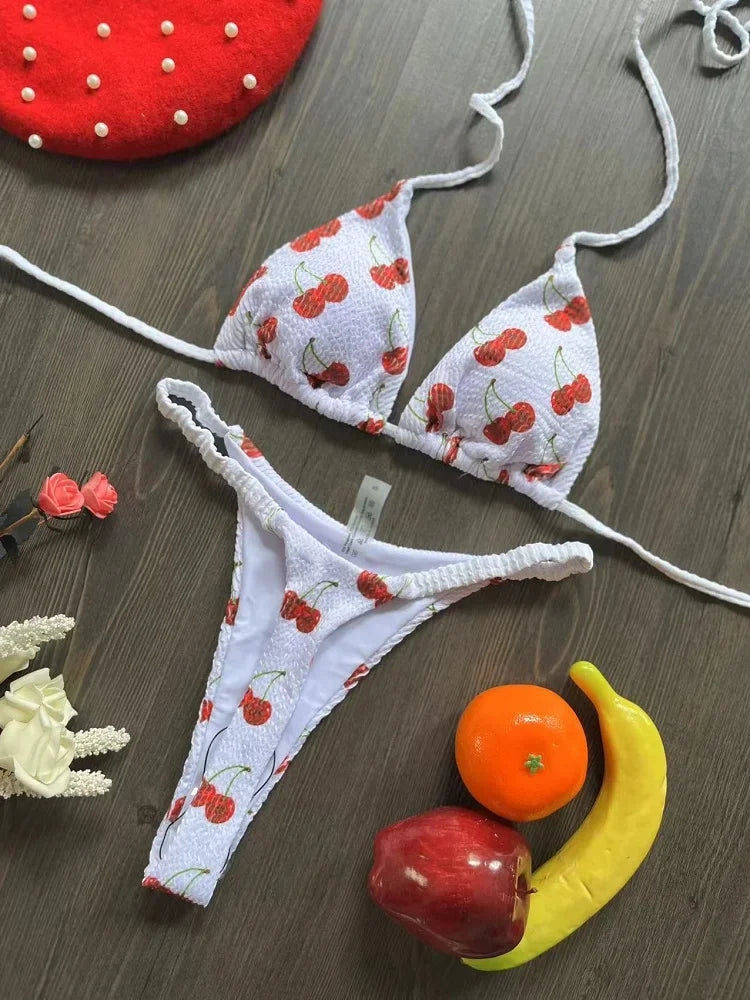 2026 brazilian bikini women suit, beach fashion, sexy thong swimsuit, cute cherry print
