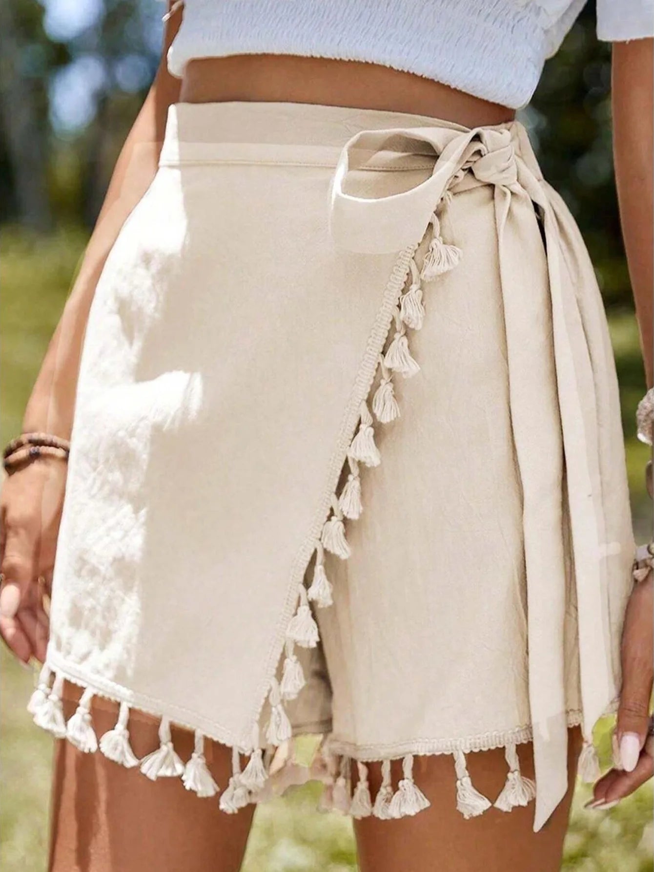 Beige Shorts with Knot and Tassel Women's Summer Staple Suitable for Beach Parties Weekend Gatherings Stylish Wear