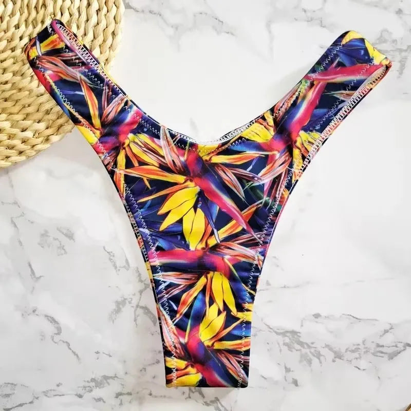 Sexy Floral Print Brazilian Bikini Bottom Women's Swimwear High Waisted New V Thong Swimsuit Bathing Suit Women Swimwear Women