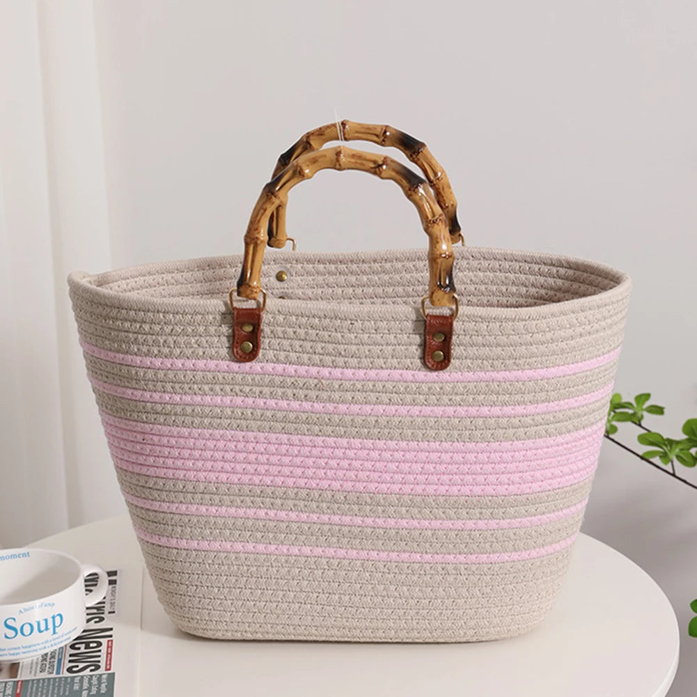 Beach Vacation Bags Bamboo Handle Women Weaving Bag Large Capacity Striped Portable Casual Fashion Exquisite for Seaside Party