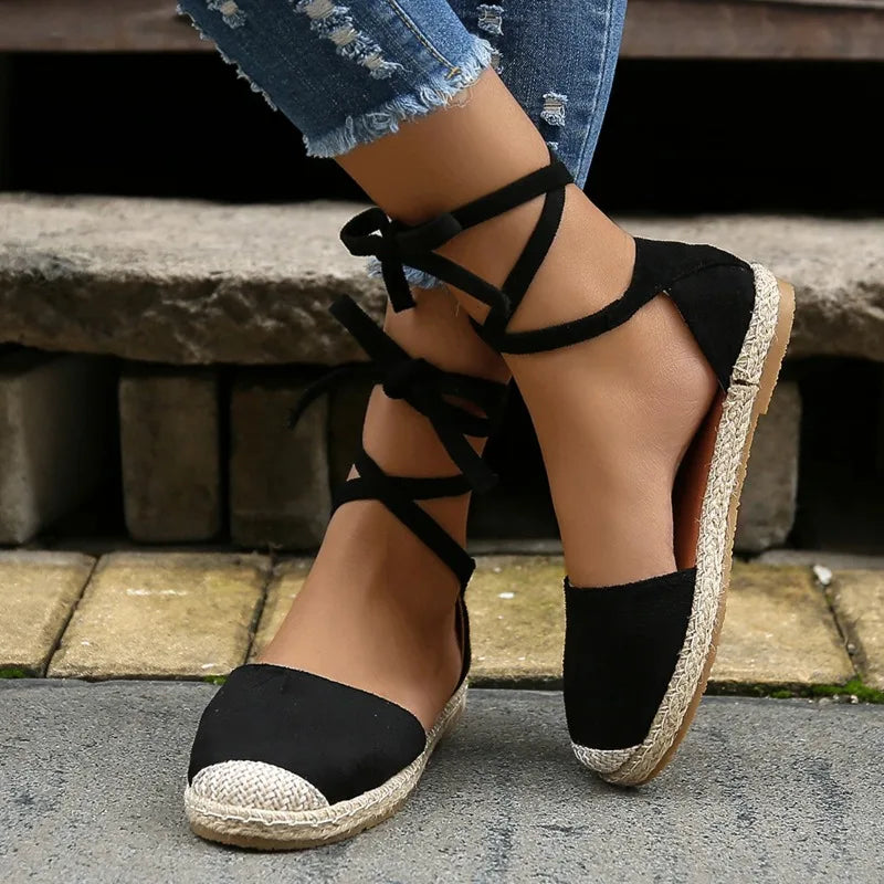 Designer Sandals for Women in Summer Fashion Round Toe Casual Flat Shoes Ankle Lace-up Rattan Woven Grass Roman Sandals