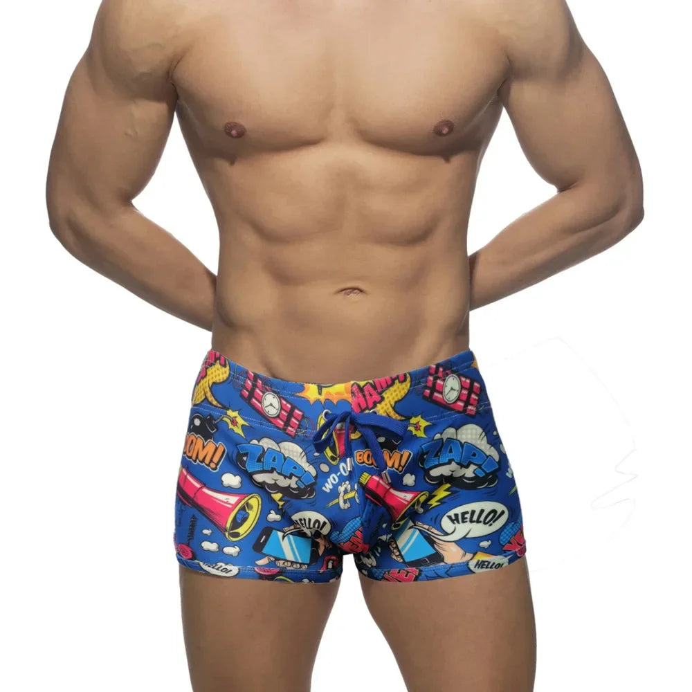Swimwear Men Swimsuits Pop Swim Trunks Quick Dry Bathing Suit Beach Board Shorts Sexy Swimming Boxer Brief with Drawstring