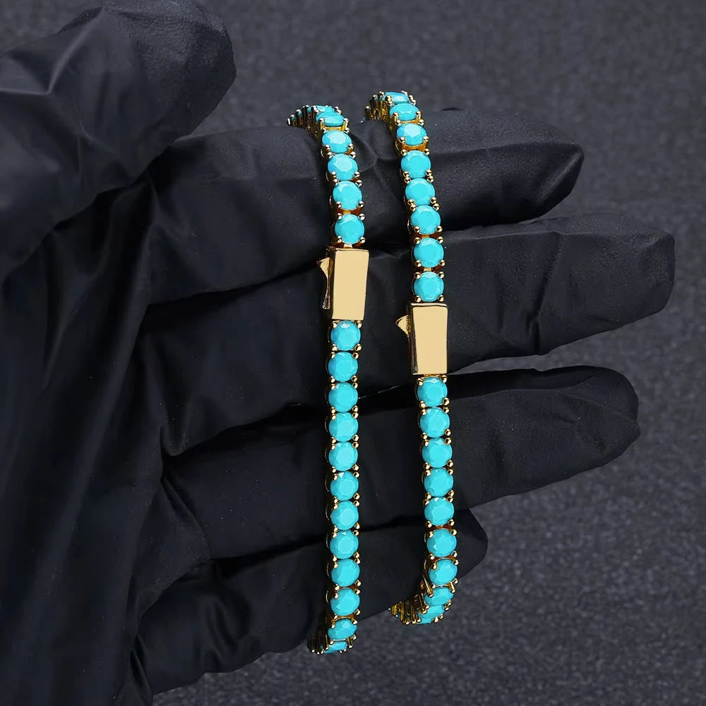 New 4MM Tennis Bracelet with Gold Plated Brass and High Grade Turquoise, Suitable for Both Men and Women as a Holiday Gift