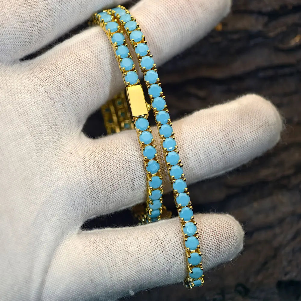 New 4MM Tennis Bracelet with Gold Plated Brass and High Grade Turquoise, Suitable for Both Men and Women as a Holiday Gift
