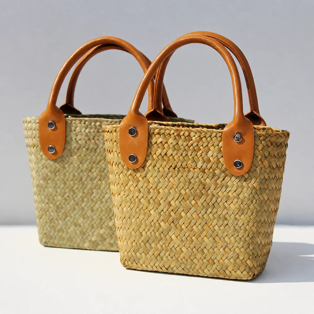 Beach Vacation Bag Stylish Top Handle Bag Woven Straw Handbag Hand-Woven Straw Tote Bag For Daily Outing Short Trip Beach