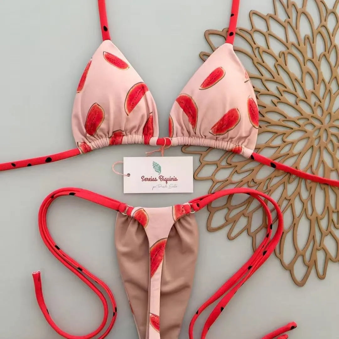 2026 New Sexy Lace-up Print Brazilian Bikini Women Swimsuit Micro Swimwear Backless Biquini Swimsuits Beachwear Thong Купальник